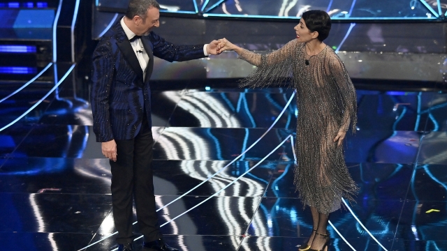 Amadeus with Giorgia during the 74th edition of the SANREMO Italian Song Festival at the Ariston Theatre in Sanremo, northern Italy - Tuesday, FEBRUARY 7, 2024. Entertainment. (Photo by Marco Alpozzi/LaPresse)  
