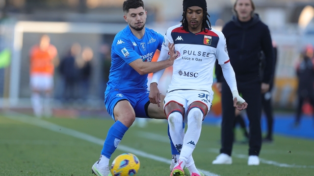 EMPOLI, ITALY - FEBRUARY 3: Liberato Giampaolo Cacace of Empoli FC in action against Spence Diop Tehuti Dje of Genoa CFC during the Serie A TIM match between Empoli FC and Genoa CFC at Stadio Carlo Castellani on February 3, 2024 in Empoli, Italy. (Photo by Gabriele Maltinti/Getty Images)