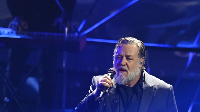 Russell Crowe performs during the 74th edition of the SANREMO Italian Song Festival at the Ariston Theatre in Sanremo, northern Italy - Thursday, FEBRUARY 8, 2024. Entertainment. (Photo by Marco Alpozzi/LaPresse)