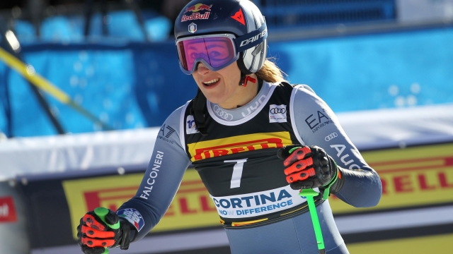 Sofia Goggia of Italy reacts in the finish area during the Women's SuperG race at the FIS Alpine Skiing World Cup in Cortina d'Ampezzo, Italy, 28 January 2024. ANSA/LUCIANO SOLERO