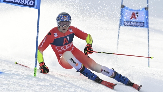 epa11141265 Marco Odermatt of Switzerland in action during the first run of Men's Giant slalom race at the FIS Alpine Skiing World Cup event in Bansko, Bulgaria, 10 February 2024.  EPA/VASSIL DONEV
