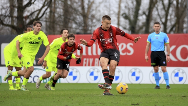 MILAN, ITALY - FEBRUARY 10: Francesco Camarda of AC Milan scores the opening goal during the Primavera 1 match between AC Milan U19 and Sassuolo U19 at Vismara PUMA House of Football on February 10, 2024 in Milan, Italy. (Photo by Giuseppe Cottini/AC Milan via Getty Images)
