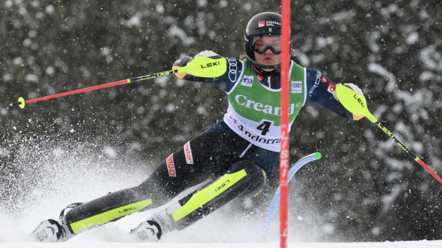Sweden's Anna Swenn Larsson competes in the first run of the women's Slalom event of the FIS Alpine Ski World Cup in Soldeu, Andorra, on February 11, 2024. (Photo by Ed JONES / AFP)