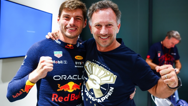 LUSAIL CITY, QATAR - OCTOBER 07: 2023 F1 World Drivers Champion Max Verstappen of the Netherlands and Oracle Red Bull Racing poses for a photo with Red Bull Racing Team Principal Christian Horner after the Sprint ahead of the F1 Grand Prix of Qatar at Lusail International Circuit on October 07, 2023 in Lusail City, Qatar. (Photo by Mark Thompson/Getty Images)