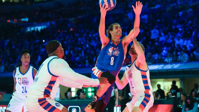 INDIANAPOLIS, INDIANA - FEBRUARY 16: Gianmarco Tamberi #8 of Team Stephen A. drives to the basket against Team Shannon during the first half of the Ruffles NBA All-Star Celebrity Game at Lucas Oil Stadium on February 16, 2024 in Indianapolis, Indiana. NOTE TO USER: User expressly acknowledges and agrees that, by downloading and or using this photograph, User is consenting to the terms and conditions of the Getty Images License Agreement.   Stacy Revere/Getty Images/AFP (Photo by Stacy Revere / GETTY IMAGES NORTH AMERICA / Getty Images via AFP)
