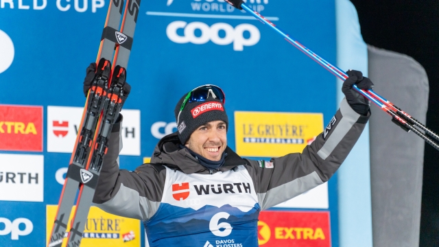 DAVOS, SWITZERLAND - JANUARY 3: Federico Pellegrino of Team Italy takes 3rd place during the FIS Cross Country World Cup Men's and Women's Sprint on January 3, 2024 in Davos, Switzerland. (Photo by Paul Brechu/Agence Zoom/Getty Images)