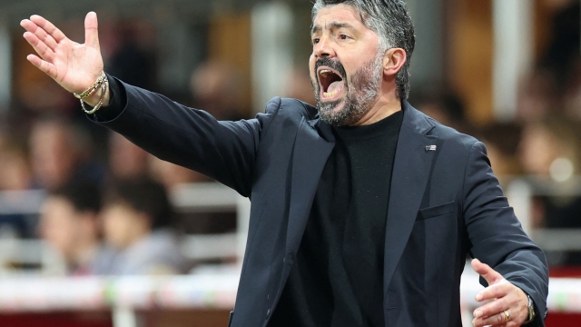 Marseillle's Italian head coach Gennaro Gattuso reacts during the French L1 football match between Stade Brestois 29 (Brest) and Olympique de Marseille (OM) at the Francis-Le Ble stadium in Brest, western France, on February 18, 2024. (Photo by FRED TANNEAU / AFP)