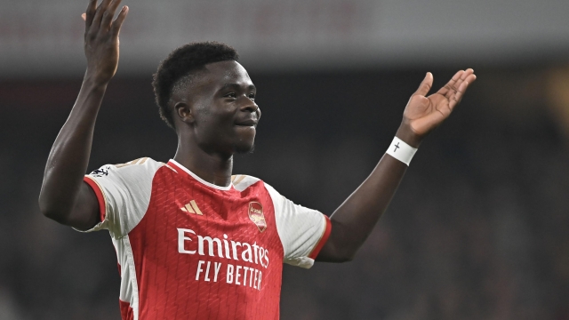 epa11179302 Bukayo Saka of Arsenal celebrates after scoring the 3-0 goal during the English Premier League match between Arsenal FC and Newcastle United, in London, Britain, 24 February 2024.  EPA/VINCE MIGNOTT EDITORIAL USE ONLY. No use with unauthorized audio, video, data, fixture lists, club/league logos, 'live' services or NFTs. Online in-match use limited to 120 images, no video emulation. No use in betting, games or single club/league/player publications.