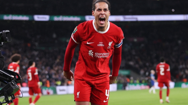 LONDON, ENGLAND - FEBRUARY 25: Virgil van Dijk of Liverpool celebrates scoring his team's first goal as he is filmed by the steady cam during the Carabao Cup Final match between Chelsea and Liverpool at Wembley Stadium on February 25, 2024 in London, England. (Photo by Julian Finney/Getty Images)