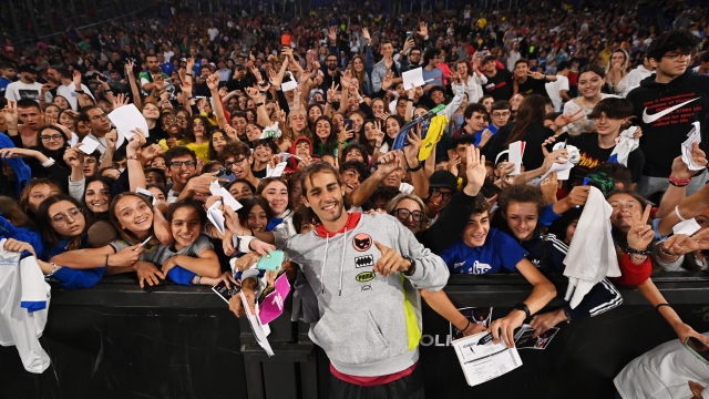 ROME, ITALY - JUNE 09: Gianmarco Tamberi of Italy poses for a photo with fans after coming third place in the Men's High Jump during the Golden Gala Pietro Mennea 2022, part of the 2022 Diamond League series at Stadio Olimpico on June 09, 2022 in Rome, Italy. (Photo by Tullio M. Puglia/Getty Images)