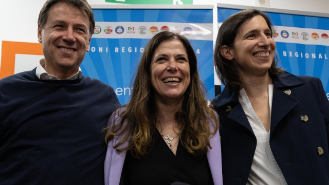 Giuseppe Conte, Alessandra Todde e Elly Schlein al quartier generale di Todde, Cagliari, 27 Febbraio 2024. // Giuseppe Conte, leader of 5 Star Movement, Alessandra Todde and Elly Schlein (secretary of the Democratic Party), Cagliari, 26 February 2024. The counting of ballots for the regional elections in Sardinia is still underway. At 7am on Tuesday, 1822 sections out of 1844 had been counted. In the lead is Alessandra Todde, supported by the Democratic Party and the 5 Star Movement with 330,619 votes (45.3%), followed by the centre-right candidate Paolo Truzzu with 327,695 votes (45 %). ANSA / Fabio Murru