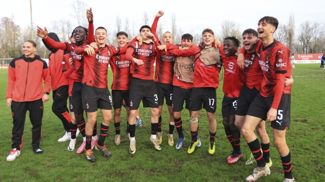 MILAN, ITALY - FEBRUARY 28: Players of AC Milan celebrates the win at end of the UEFA Youth League Round of 16 tie between AC Milan U19 and Braga U19 at Centro Sportivo Vismara on February 28, 2024 in Milan, Italy. (Photo by Giuseppe Cottini/AC Milan via Getty Images)