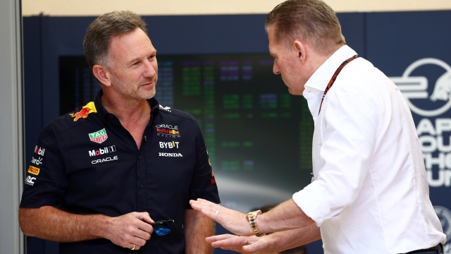 BAHRAIN, BAHRAIN - FEBRUARY 29: Oracle Red Bull Racing Team Principal Christian Horner talks with Jos Verstappen in the Paddock prior to practice ahead of the F1 Grand Prix of Bahrain at Bahrain International Circuit on February 29, 2024 in Bahrain, Bahrain. (Photo by Clive Rose/Getty Images)