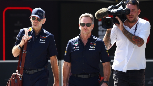 BAHRAIN, BAHRAIN - FEBRUARY 29: Christian Horner of Great Britain and Oracle Red Bull Racing and Adrian Newey arrive in the paddock ahead of the F1 Grand Prix of Bahrain at Bahrain International Circuit on February 29, 2024 in Bahrain, Bahrain. (Photo by Clive Rose/Getty Images)