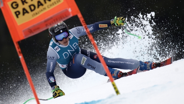 Italy's Federica Brignone speeds down the course during an alpine ski, women's World Cup super-G race, in Kvitfjell, Norway, Saturday, March 2, 2024. (AP Photo/Gabriele Facciotti)