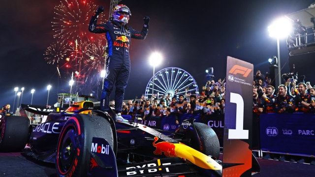 BAHRAIN, BAHRAIN - MARCH 02: Race winner Max Verstappen of the Netherlands and Oracle Red Bull Racing celebrates in parc ferme during the F1 Grand Prix of Bahrain at Bahrain International Circuit on March 02, 2024 in Bahrain, Bahrain. (Photo by Mark Thompson/Getty Images)