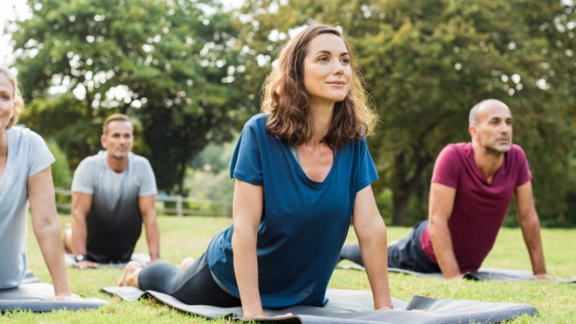 Mature healthy people doing yoga at park. Group of multiethnic people exercising on green grass with yoga mat. Happy men and smiling women in yoga class doing exercise outdoor.