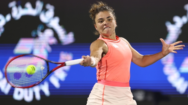 DUBAI, UNITED ARAB EMIRATES - FEBRUARY 24: Jasmine Paolini of Italy plays a forehand against Anna Kalinskaya  in their Women's Singles Final match during the Dubai Duty Free Tennis Championships, part of the Hologic WTA Tour at Dubai Duty Free Tennis Stadium on February 24, 2024 in Dubai, United Arab Emirates. (Photo by Francois Nel/Getty Images)