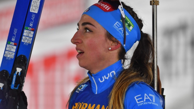 Italy's Lisa Vittozzi reacts in the finish area of the women's 15 km individual event of the IBU Biathlon World Championships in Nove Mesto, Czech Republic on February 13, 2024. (Photo by MICHAL CIZEK / AFP)