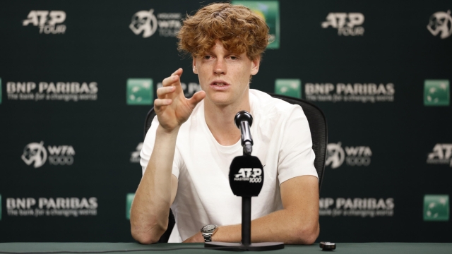 epa11203074 Jannik Sinner of Italy responds to questions during media day at the Indian Wells Open tennis tournament in Indian Wells, California, USA, 06 March 2024.  EPA/JOHN G. MABANGLO