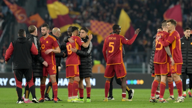 Roma players celebrate at the end of the match during the UEFA Europe League soccer match between first leg of the round of 16 between Roma and Brighton FC at the Rome's Olympic stadium, Italy - Thursday, March 7, 2024 - Sport  Soccer ( Photo by Alfredo Falcone/LaPresse )