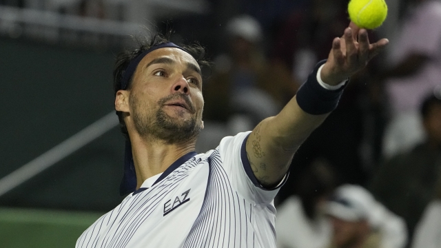 Fabio Fognini, of Italy, serves to Bernabe Zapata Miralles, of Spain, at the BNP Paribas Open tennis tournament, Thursday, March 7, 2024, in Indian Wells, Calif. (AP Photo/Mark J. Terrill)
