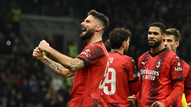 MILAN, ITALY - MARCH 07: Olivier Giroud of AC Milan celebrates after scoring the opening during the UEFA Europa League 2023/24 round of 16 first leg match between AC Milan and Slavia Praha at Stadio Giuseppe Meazza on March 07, 2024 in Milan, Italy. (Photo by Claudio Villa/AC Milan via Getty Images) (Photo by Claudio Villa/AC Milan via Getty Images)