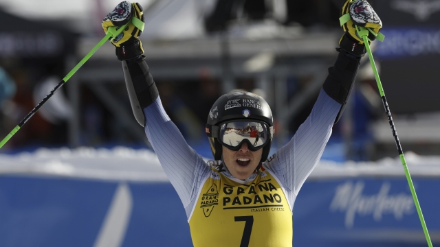 Italy's Federica Brignone reacts after winning an alpine ski, women's World Cup giant slalom, in Are, Sweden, Saturday, March 9, 2024. (AP Photo/Alessandro Trovati)