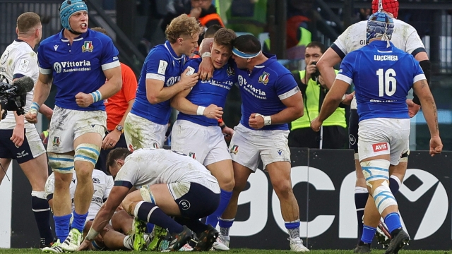Stephen Varney of Italy celebrates with his teammates after scoring during the Six Nations rugby match between Italy and Scotland at Olimpico stadium in Rome, Italy, 09 March 2024. ANSA/FEDERICO PROIETTI