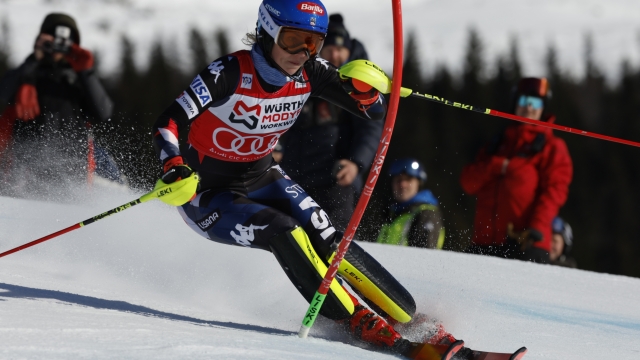 United States' Mikaela Shiffrin speeds down the course during an alpine ski, women's World Cup slalom, in Are, Sweden, Sunday, March 10, 2024. (AP Photo/Alessandro Trovati)