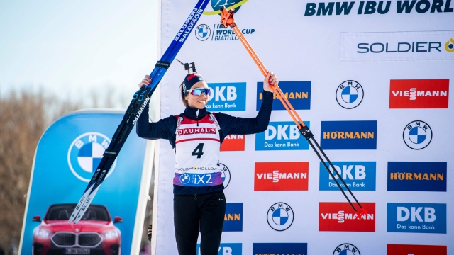 Italys Lisa Vittozzi celebrates her second-place finish during the womens 10-km pursuit of the IBU Biathlon World Cup at the Soldier Hollow Nordic Center in Midway, Utah, on March 10, 2024. (Photo by Isaac HALE / AFP)