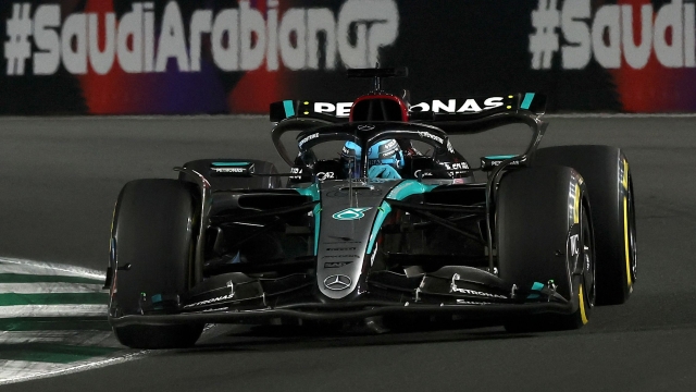Mercedes' British driver George Russell competes during the Saudi Arabian Formula One Grand Prix at the Jeddah Corniche Circuit in Jeddah on March 9, 2024. (Photo by JOSEPH EID / AFP)