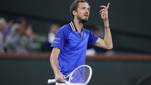 Daniil Medvedev, of Russia, reacts as he plays Holger Rune, of Denmark, during a quarterfinal match at the BNP Paribas Open tennis tournament, Thursday, March 14, 2024, in Indian Wells, Calif. (AP Photo/Mark J. Terrill)