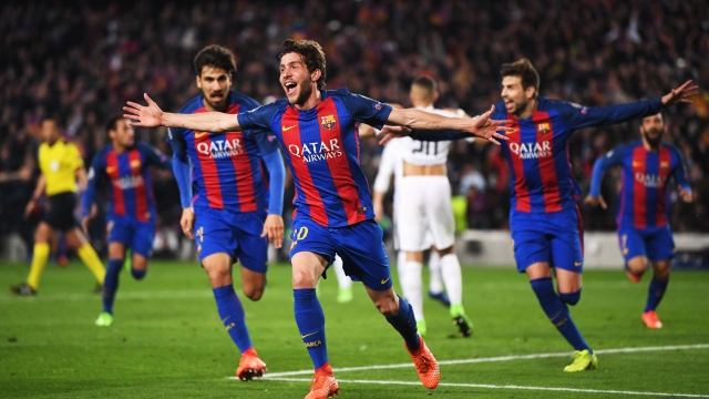 BARCELONA, SPAIN - MARCH 08:  Sergi Roberto of Barcelona (20) celebrates as he scores their sixth goal during the UEFA Champions League Round of 16 second leg match between FC Barcelona and Paris Saint-Germain at Camp Nou on March 8, 2017 in Barcelona, Spain.  (Photo by Laurence Griffiths/Getty Images)