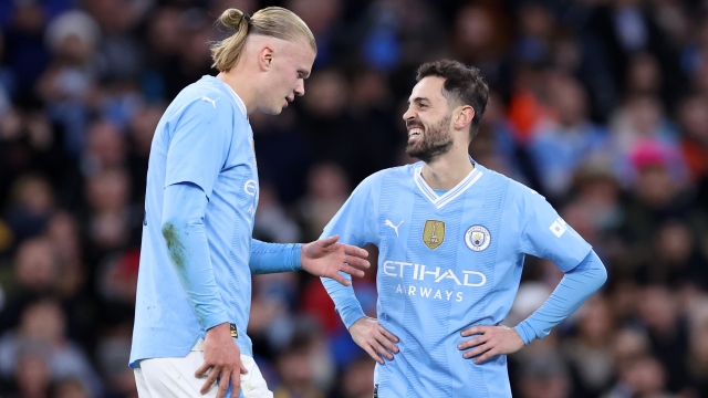 MANCHESTER, ENGLAND - MARCH 16: Bernardo Silva of Manchester City celebrates scoring his team's second goal with teammate Erling Haaland during the Emirates FA Cup Quarter Final match between Manchester City and Newcastle United at Etihad Stadium on March 16, 2024 in Manchester, England. (Photo by Alex Livesey/Getty Images)
