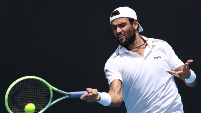 MELBOURNE, AUSTRALIA - JANUARY 09: Matteo Berrettini plays a forehand during a training session ahead of the 2024 Australian Open at Melbourne Park on January 09, 2024 in Melbourne, Australia. (Photo by Kelly Defina/Getty Images)