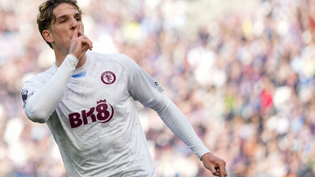 Aston Villa's Nicolo Zaniolo celebrates after scoring his side's opening goal during the English Premier League soccer match between West Ham and Aston Villa, at the London stadium in London, Sunday, March 17, 2024. (AP Photo/Kirsty Wigglesworth)