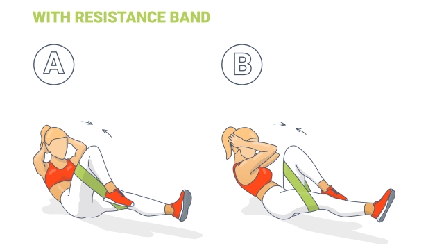 Bicycle Crunch with Resistance Band Abs Exercise illustration. Colorful Concept of Girl Working at Her Abdominals a Young Woman Does the Fitness Crisscross Crunch Exercise For Flat Tummy.