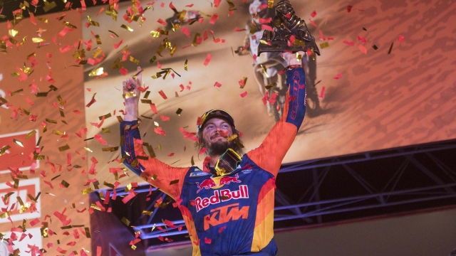 Toby Price (AUS) of Red Bull KTM Factory Team is seen at the finish podium of Rally Dakar 2019 in Lima, Peru on January 17, 2019 // Marcelo Maragni / Red Bull Content Pool // SI201901180067 // Usage for editorial use only //