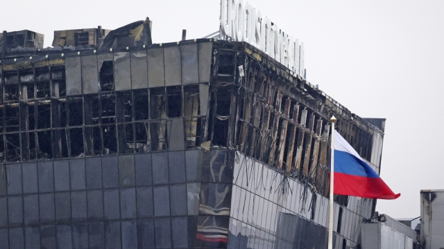 A view of the Crocus City Hall burned after a terrorist attack is seen on the western edge of Moscow, Russia, Saturday, March 23, 2024. Assailants burst into a large concert hall in Moscow on Friday and sprayed the crowd with gunfire, killing and injuring multiple people and setting fire to the venue in a brazen attack just days after President Vladimir Putin cemented his grip on power in a highly orchestrated electoral landslide. (AP Photo/Vitaly Smolnikov)