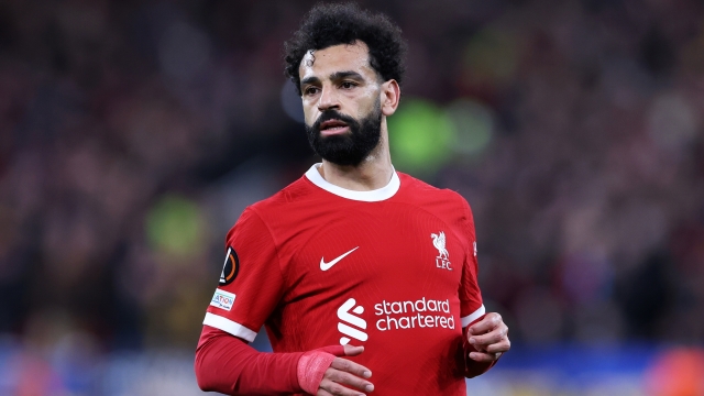 LIVERPOOL, ENGLAND - MARCH 14: Mohamed Salah of Liverpool looks on during the UEFA Europa League 2023/24 round of 16 second leg match between Liverpool FC and AC Sparta Praha at Anfield on March 14, 2024 in Liverpool, England. (Photo by Alex Livesey/Getty Images)
