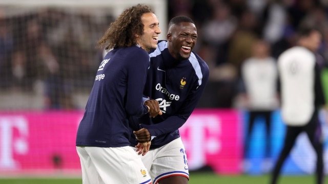 LYON, FRANCE - MARCH 23: Matteo Guendouzi and Ibrahima Konate of France react prior to the international friendly match between France and Germany at Groupama Stadium on March 23, 2024 in Lyon, France. (Photo by Alexander Hassenstein/Getty Images)