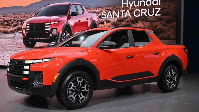 The 2025 Hyundai Santa Cruz is displayed during the New York International Auto Show at the Jacob Javits Convention Center in New York City on March 27, 2024. (Photo by ANGELA WEISS / AFP)