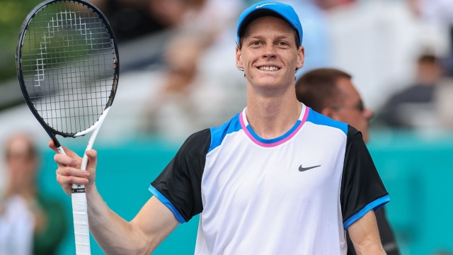 MIAMI GARDENS, FLORIDA - MARCH 29: Jannik Sinner of Italy reacts after his win against Daniil Medvedev during the Men's semifinal on Day 14 of the Miami Open at Hard Rock Stadium on March 29, 2024 in Miami Gardens, Florida.   Brennan Asplen/Getty Images/AFP (Photo by Brennan Asplen / GETTY IMAGES NORTH AMERICA / Getty Images via AFP)