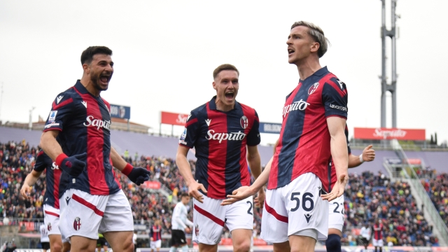 Bologna's Alexis Saelemaekers celebrates after scoring the 2-0 goal for his team during the Serie a Tim match between Bologna and Salernitana - Serie A TIM at Renato Dall?Ara Stadium - Sport, Soccer - Bologna, Italy - Monday April 1, 2024 (Photo by Massimo Paolone/LaPresse)