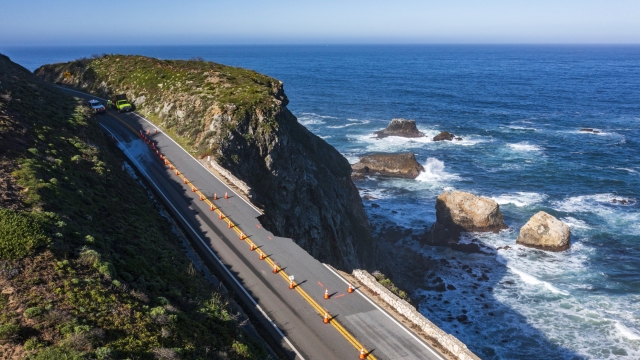 A break in the southbound lane of Highway 1 at Rocky Creek Bridge in Big Sur, Calif., Monday, April 1, 2024. (AP Photo/Nic Coury)