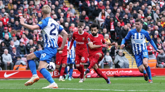 LIVERPOOL, ENGLAND - MARCH 31: Mohamed Salah of Liverpool scores his team's second goal during the Premier League match between Liverpool FC and Brighton & Hove Albion at Anfield on March 31, 2024 in Liverpool, England. (Photo by Alex Livesey/Getty Images)