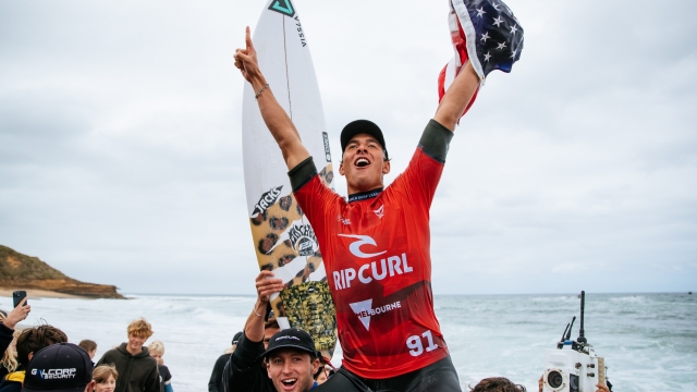 BELLS BEACH, VICTORIA, AUSTRALIA - APRIL 3: Cole Houshmand of the United States after winning the Final at the Rip Curl Pro Bells Beach on April 3, 2024 at Bells Beach, Victoria, Australia. (Photo by Aaron Hughes/World Surf League)