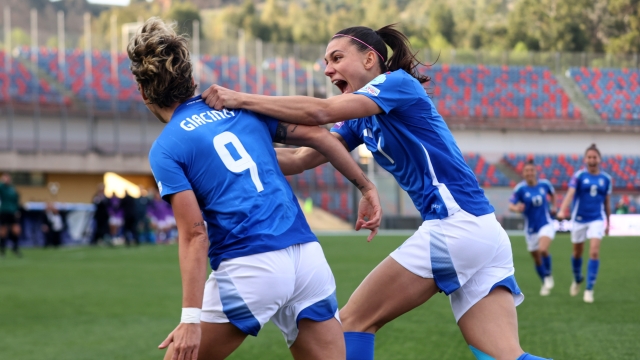 COSENZA, ITALY - APRIL 05: Valentina Giacinti of Italy celebrates after scoring her team's opening goal during the UEFA EURO Woman Qualifier between Italy and Netherlands at Stadio San Vito on April 05, 2024 in Cosenza, Italy.  (Photo by Maurizio Lagana/Getty Images)