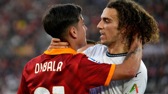 ROME, ITALY - APRIL 06: Matteo Guendouzi of SS Lazio and Paolo Dybala of AS Roma recats during the Serie A TIM match between AS Roma and SS Lazio - Serie A TIM  at Stadio Olimpico on April 06, 2024 in Rome, Italy. (Photo by Marco Rosi - SS Lazio/Getty Images)
